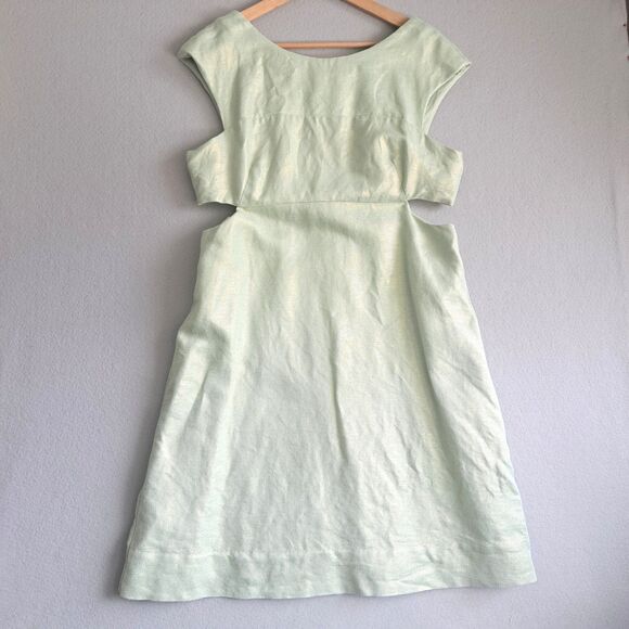 Maeve Anthropologie Shift Dress Women 14 Mint Metallic Green Linen Mentha Cutout - Picture 1 of 15